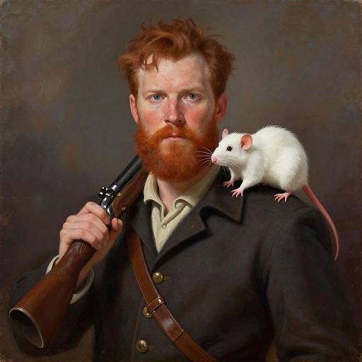 Photorealistic painting of a red-bearded man with white mouse on shoulder, holding rifle, wearing dark coat, brown strap over chest.