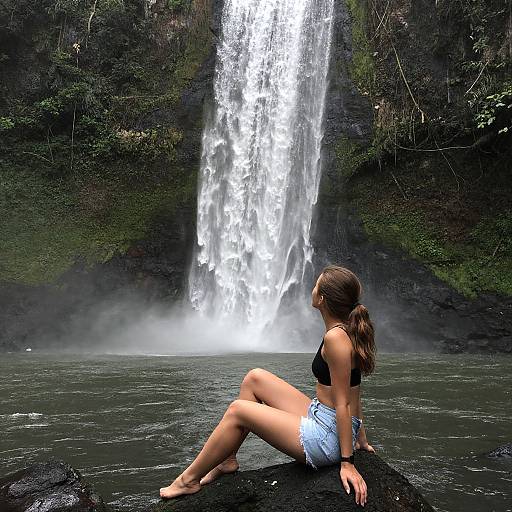 Photograph of a woman with brown hair in a ponytail, wearing a black crop top and denim shorts, sitting on a rock, gazing at