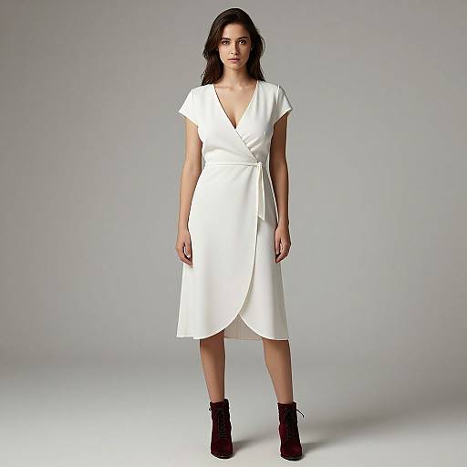 Photograph of a young woman with medium-length black hair, wearing a white V-neck, short-sleeve, knee-length dress, and black ankle