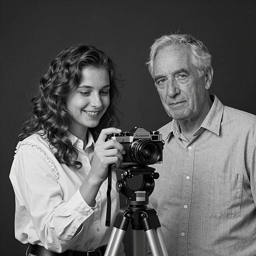 Black and White Portrait of Two People with Vintage Camera