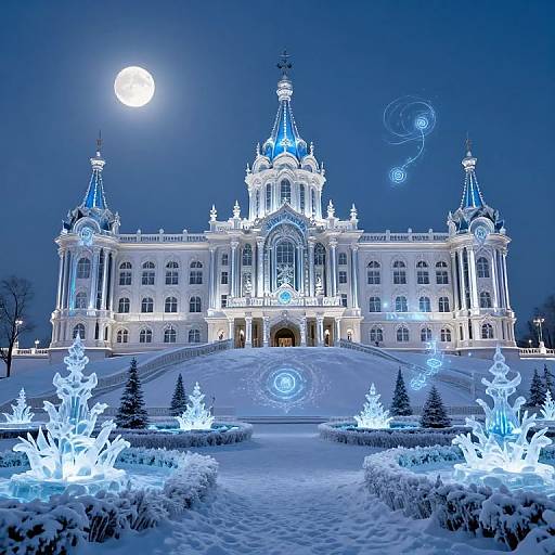 Photograph of a grand, illuminated, baroque-style palace at night, surrounded by snow-covered gardens with glowing blue holiday lights, under a bright full
