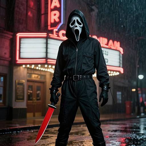 Photograph of a hooded figure with a white, skull-like mask holding a large red knife, standing in the rain in front of a brightly lit