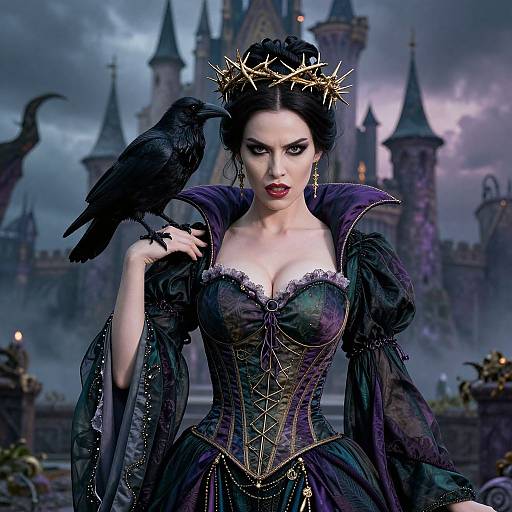 Digital fantasy art: Pale-skinned woman with dark hair, red lips, and a corseted black dress, crowned with thorns, holding a