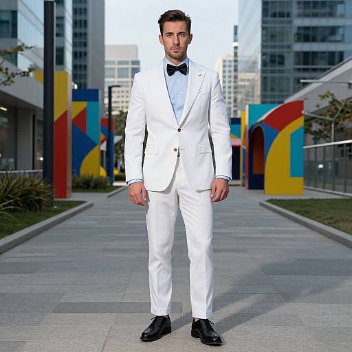 Photograph of a handsome man with short dark hair and beard, wearing a white tuxedo, black bow tie, and black shoes, standing on
