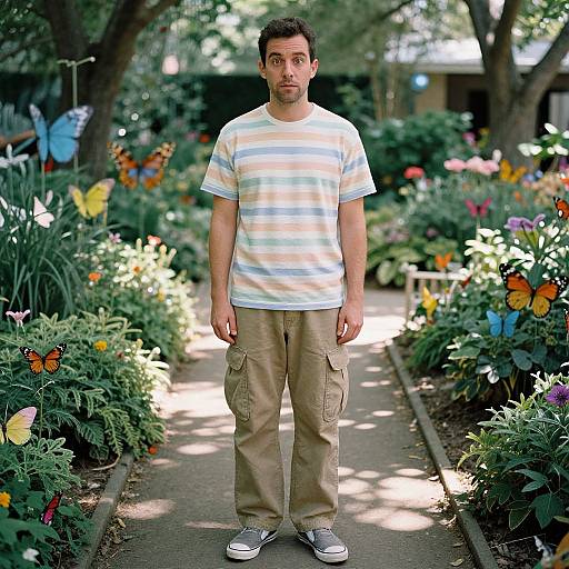 Photograph of a young man with short dark hair, wearing a striped shirt, beige cargo pants, and gray sneakers, standing in a vibrant garden with