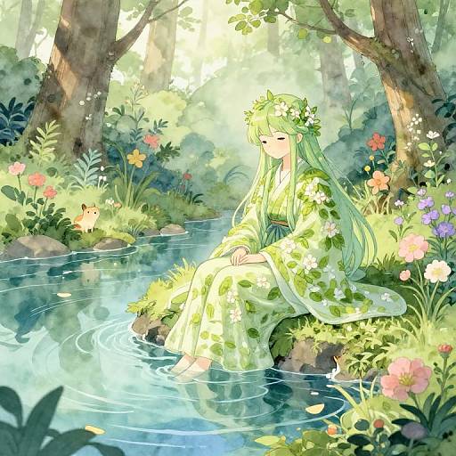 Anime-style digital drawing of a serene green-haired girl in a floral kimono, sitting by a sunlit forest stream, surrounded by vibrant flowers and lush