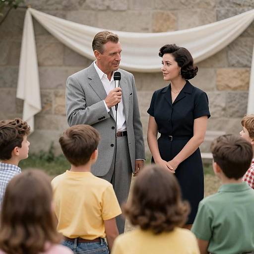 1950s Style Man Speaking to Children Outdoors