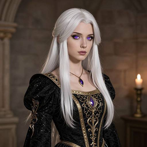 Digital art of a fair-skinned woman with long white hair, purple eyes, wearing a black, gold-embroidered dress, and a purple