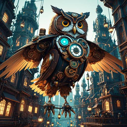 Steampunk Mechanical Owl in Floating Cityscape
