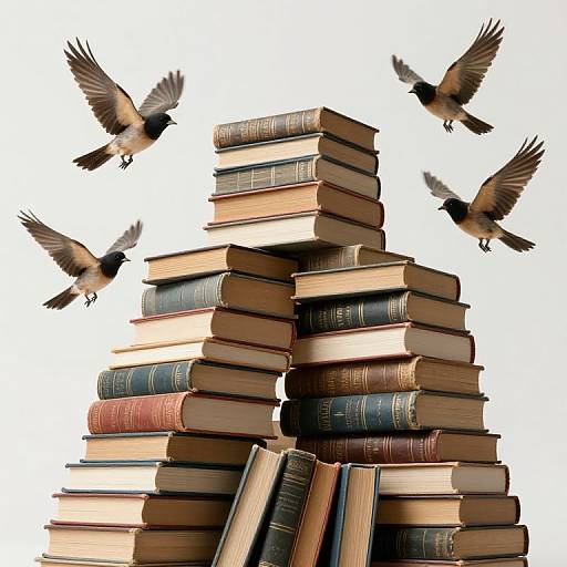 Towering Books with Hovering Birds