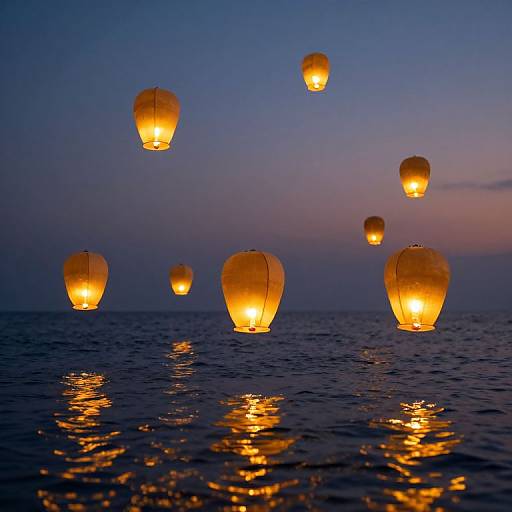 Photograph of glowing orange paper lanterns floating above calm, dark blue ocean during twilight, reflecting light on water surface.