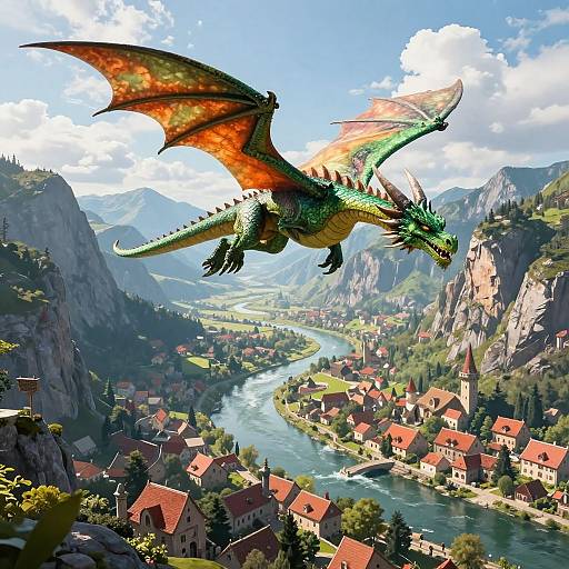 Digital artwork of a green dragon with orange wings soaring over a picturesque valley with red-roofed houses, a winding river, and mountainous terrain under