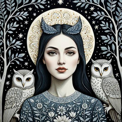 Night Girl with Owls in Detailed Artwork
