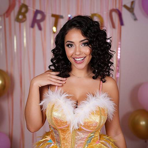 Photograph of a smiling Latina woman with curly black hair, wearing a sparkly yellow dress with white feather trim, standing in front of a 
