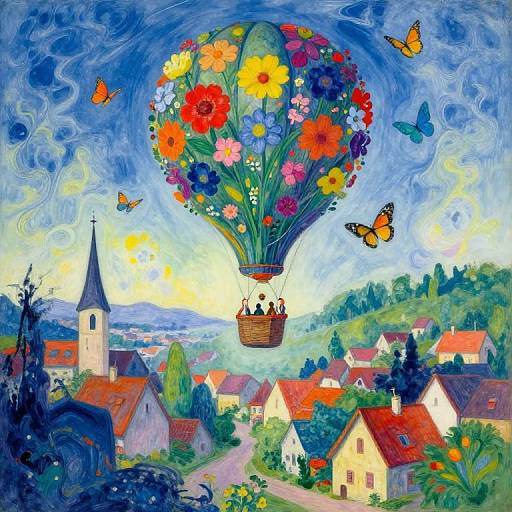 Vibrant oil painting of a hot air balloon filled with colorful flowers soaring over a charming village with red roofs, surrounded by butterflies, set against a