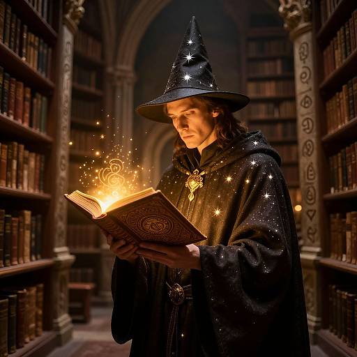 Photograph of a wizard with long brown hair, wearing a starry black hat and cloak, conjuring a glowing book in a medieval library.