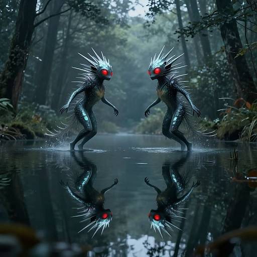 Photorealistic CGI: Two eerie, spiky, blue-scaled, red-eyed creatures face each other in a misty forest stream, reflected in
