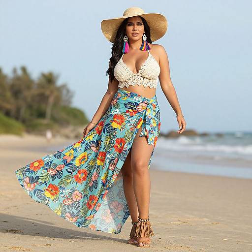 Photograph of a woman with tan skin, long black hair, white lace bralette, colorful floral sarong, large sunhat, and fringe ankle