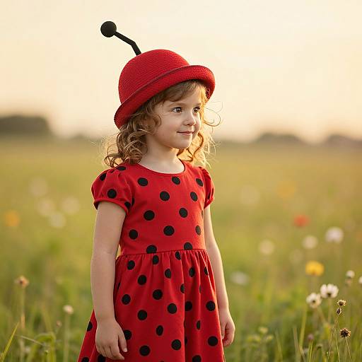 Photograph of a curly-haired young girl in a red polka-dot dress and matching red hat with black antennae, standing in a sunny meadow
