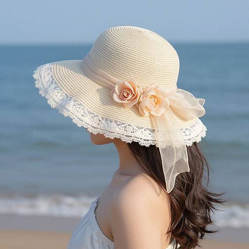 Photograph of a woman with long black hair wearing a white lace-trimmed sunhat with a peach rose, facing the ocean.