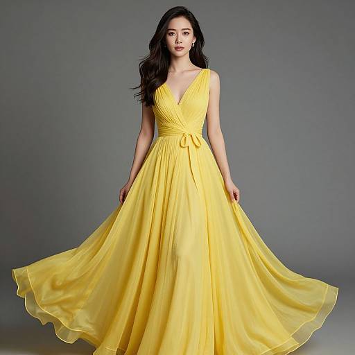 Photograph of an Asian woman with long black hair wearing a vibrant yellow, V-neck, floor-length gown with a flowing skirt, standing against a gray