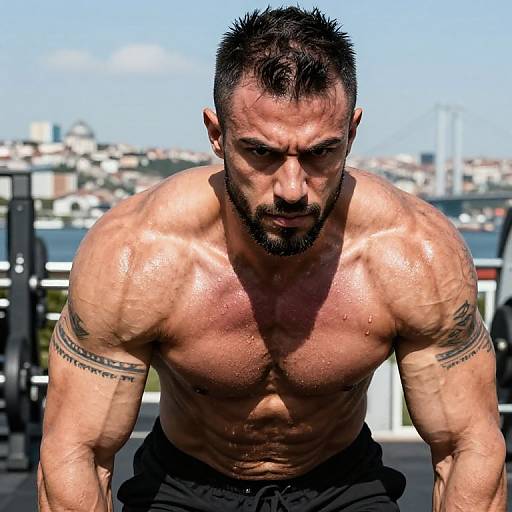 Muscular, shirtless man with short black hair and beard, tattoos on arms, intense expression, sweat glistening on skin, outdoor fitness background.