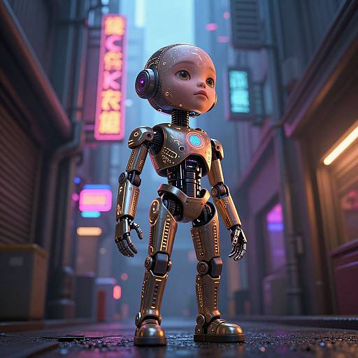 CGI image of a futuristic, metallic android child with large head, standing in a neon-lit, cyberpunk alley at night.