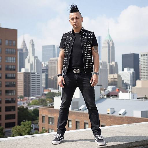 Photograph of a punk-styled man with spiked black hair, black studded vest, black t-shirt, jeans, and sneakers, standing confidently on