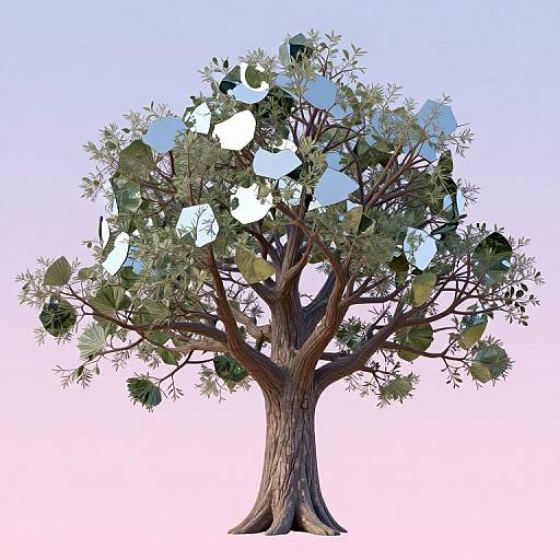 Digital illustration of a tree with a thick brown trunk and green leaves, some leaves are white with holes, against a gradient blue to pink background.