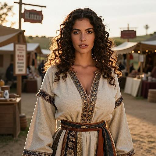 Photograph of a curly-haired woman with olive skin wearing a beige, long-sleeved, embroidered medieval-style dress, standing in a sunlit,