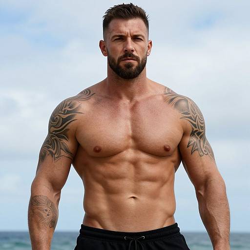 Photograph of a muscular, tattooed, bearded man with short dark hair, standing shirtless against a cloudy sky and ocean background.