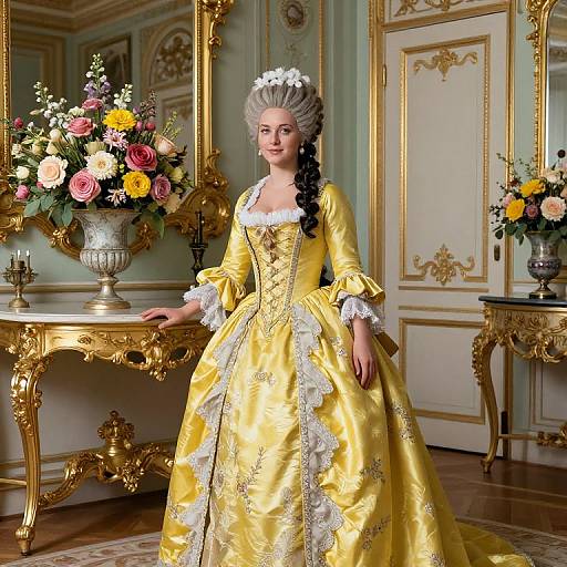 Photorealistic CGI of an elegant, 18th-century-style woman in a yellow, lace-trimmed gown, standing in an ornate,