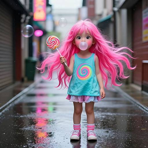Digital artwork of a blonde girl with long pink hair, blue spiral dress, pink socks, and white sneakers, blowing bubbles on a wet, neon-l