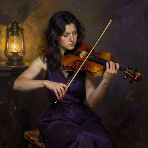 Photorealistic painting of a pale-skinned woman with wavy dark hair, playing a violin by warm lantern light, wearing a dark sleeveless dress