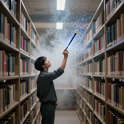 Photograph of an Asian man in a dark shirt, standing in a library, holding a sparkler, surrounded by smoke and bookshelves.