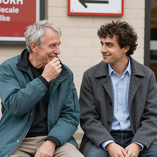 Two men sitting and smiling outdoors