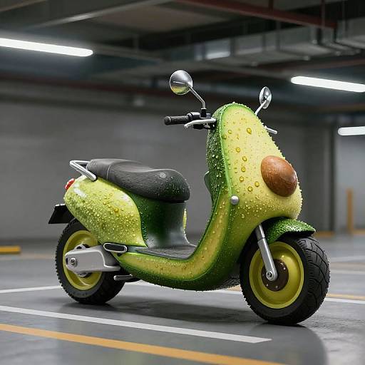 Photorealistic CGI of a green, avocado-patterned scooter with yellow wheels, black seat, and a brown avocado-shaped headlight in a parking garage