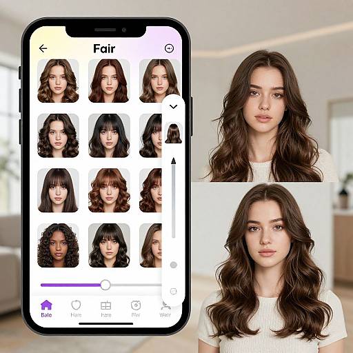 Photograph of a woman with long, wavy brown hair on a smartphone screen, showing multiple fair-skinned, brown-haired profile options, with two