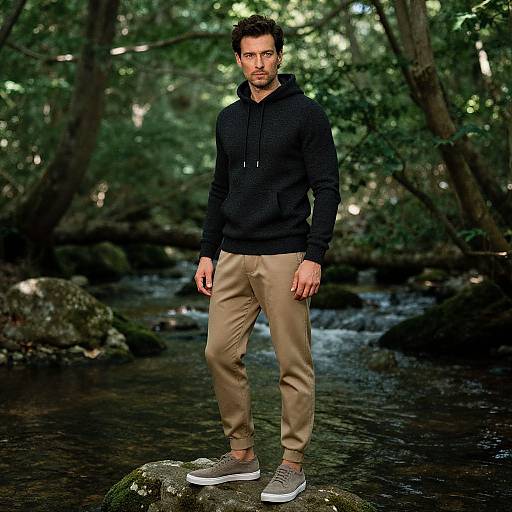 Photograph of a bearded man in a black hoodie and beige pants standing on a mossy rock in a forest stream.