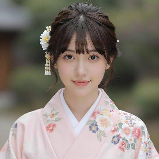 Photograph of a young Asian woman with fair skin, dark hair in an updo, floral hairpin, wearing a pink floral kimono, smiling