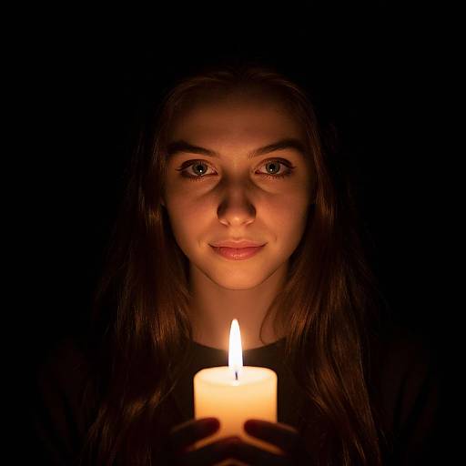 Photograph of a young woman with long brown hair, holding a lit candle, illuminating her face in a dark background.