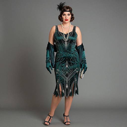 Photograph of a fair-skinned woman in 1920s flapper attire: teal beaded dress, black feather headband, gloves, necklace