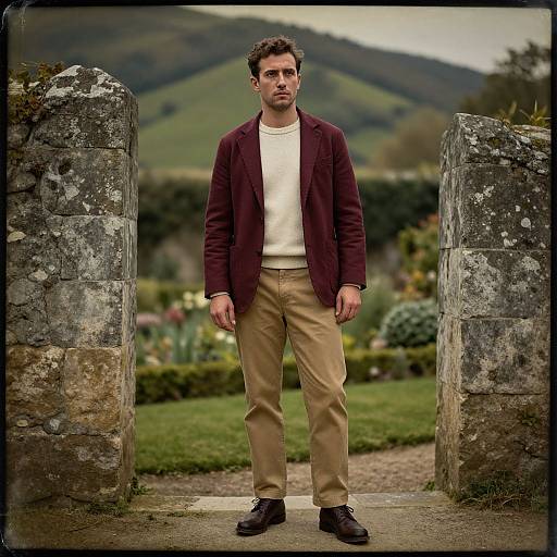 Photograph of a man with dark curly hair, brown jacket, white sweater, beige pants, and black shoes, standing between stone ruins with lush green