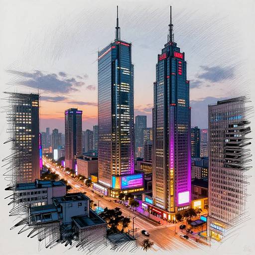 Digital illustration of a vibrant cityscape at sunset, featuring tall skyscrapers with illuminated signs, purple and pink lights, and busy streets, framed with