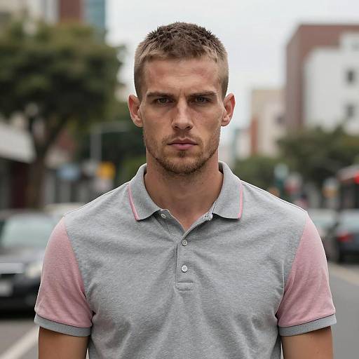 Serious Young Man in Gray Polo Shirt