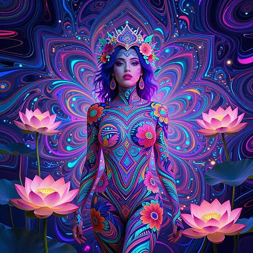 Vibrant digital artwork of a purple-haired woman in a neon, floral-patterned bodysuit, wearing a flower crown, standing before glowing lot