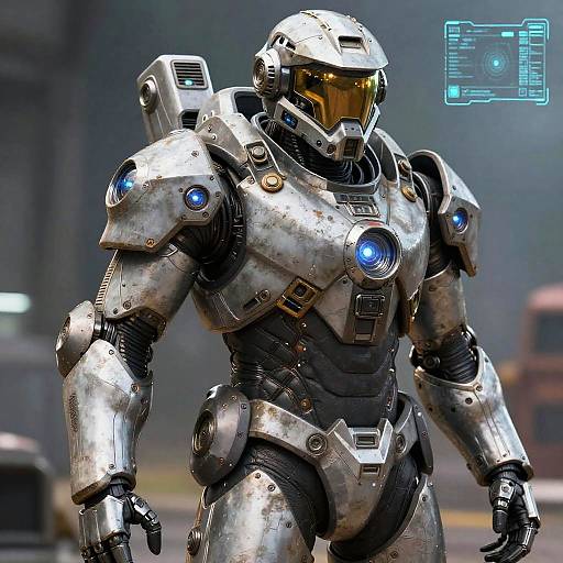 Photorealistic CGI of a futuristic, silver, armored warrior with blue glowing accents, wearing a reflective helmet, standing in a blurry urban environment. Digital