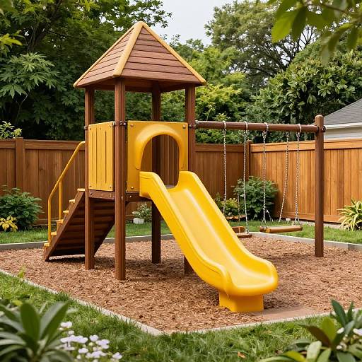 Photograph of a yellow plastic playground structure with a slide, ladder, and swing set, surrounded by a wooden fence and greenery.