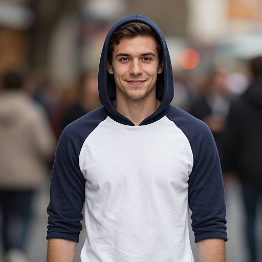 Photograph of a smiling young man with short brown hair, wearing a white and navy blue raglan hoodie, standing in a blurred, busy urban street