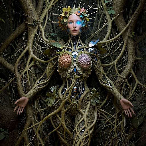 Photograph of a surreal, tree-like humanoid with glowing blue eye, flower crown, and branch-covered body, set against a dense, dark forest background